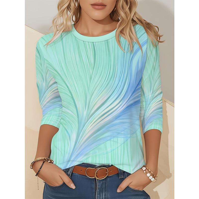 Ladies' Gradient Pink Blue Printed Long Sleeve T-shirt - Gradual Splicing Round Neck Casual Top