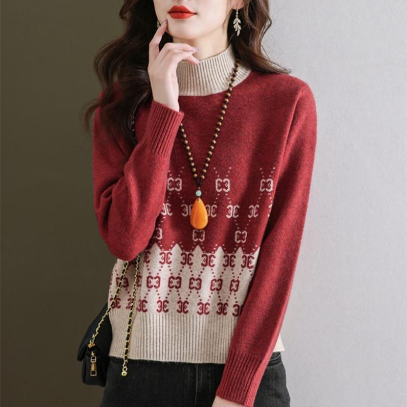 Short Sweater Women's Autumn and Winter Half Turtleneck Knitted Sweater Loose and Casual Long-sleeved Pullover