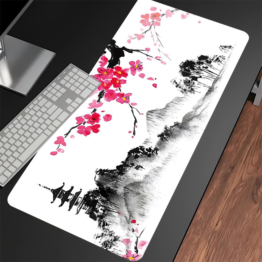 Extended Deskmat Large Black and White Cherry Blossom Game Mouse Pad Lock Edge Keyboard Mat Sakura Nonslip Rubber Mousepad