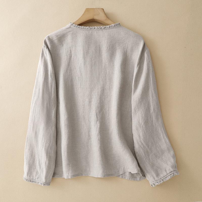 2025 Autumn Cotton Linen Ruffled Retro Long Sleeve Top