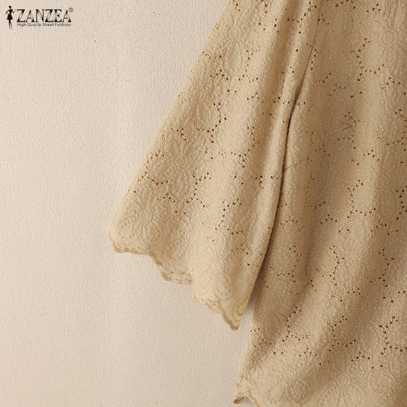 ZANZEA Women Casual Round Neck 3/4 Sleeve Lace Crochet Patchwork Loose Blouse