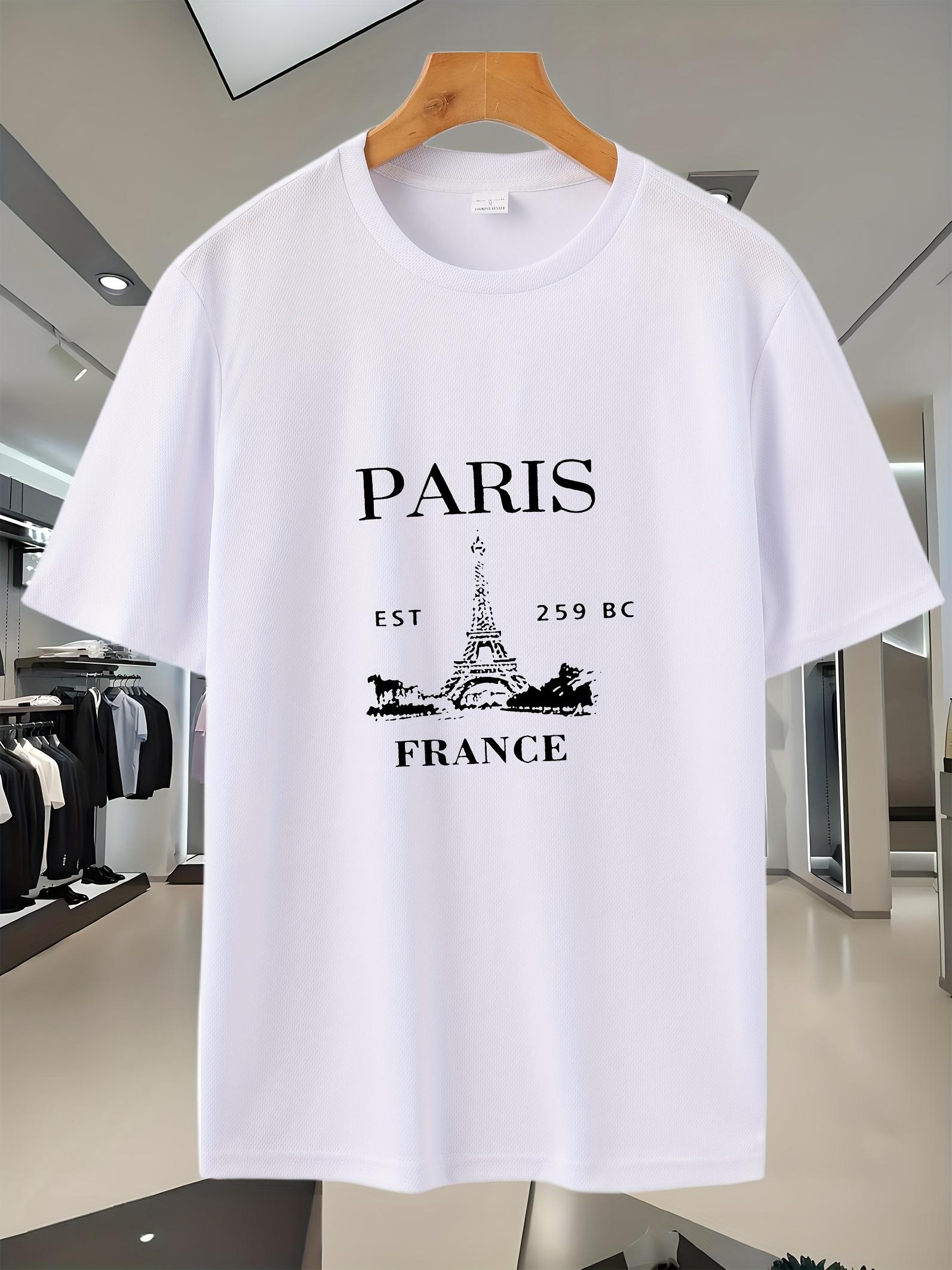 Paris Graphic Print Breathable Mesh T-shirt - Sporty Casual Short Sleeve Tee with Eiffel Tower & Roman Numerals Design XXXXL