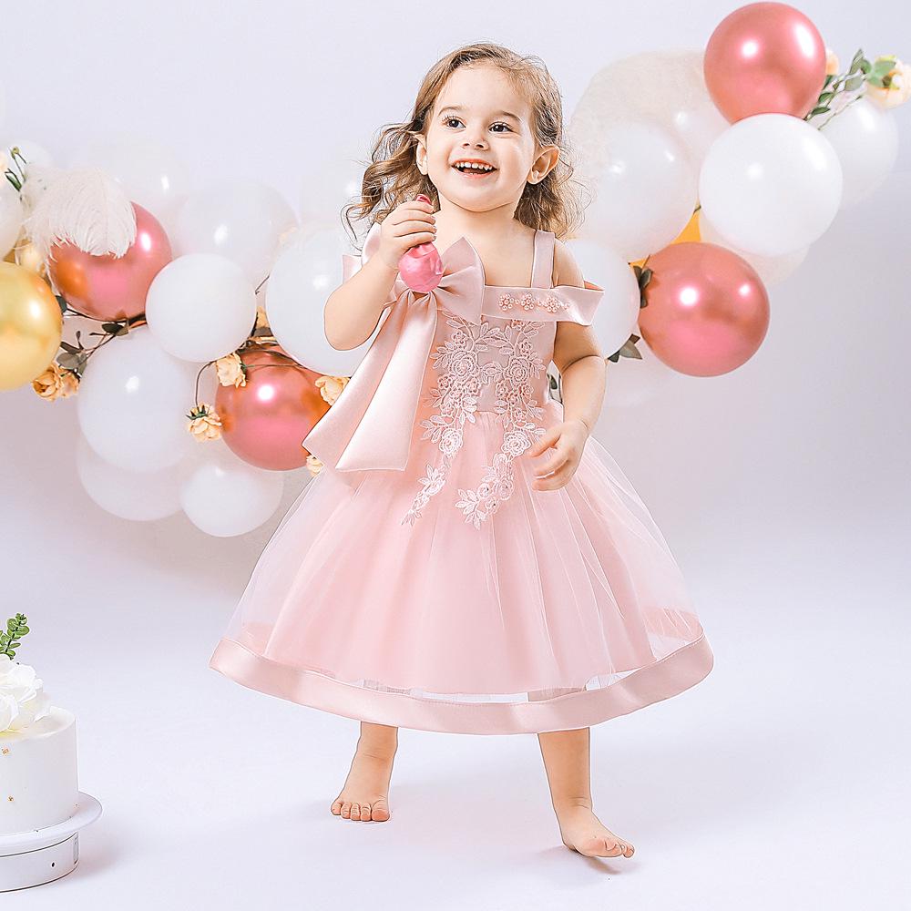 New Children's One-Shoulder Pearl Embroidered Princess Dress for Summer