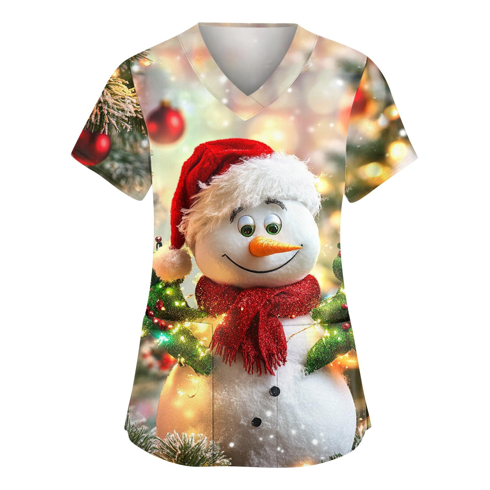 

Women s Fashionable V-neck Workwear Christmas Printed Short Sleeved Pocket Side Slit Workwear Basic Pullover Top XL білий