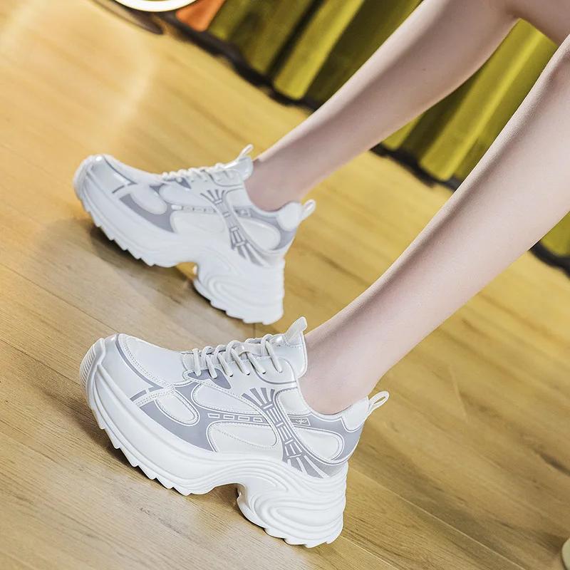 Fashion 9CM Chunky Sneakers for Women Genuine Leather Women Casual Shoes Women Spring Fashion Sneakers Walking Shoes Platform Heel Wedge