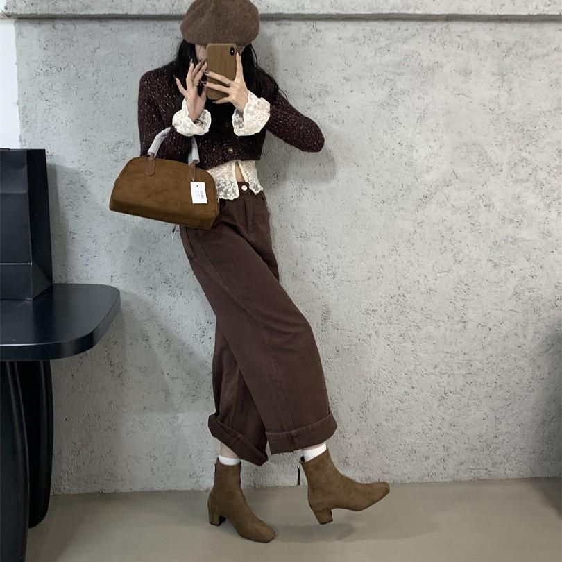 Brown short boots women's high heel thick heel rear zipper square head versatile 2025 new autumn and winter Korean version suede thin boots