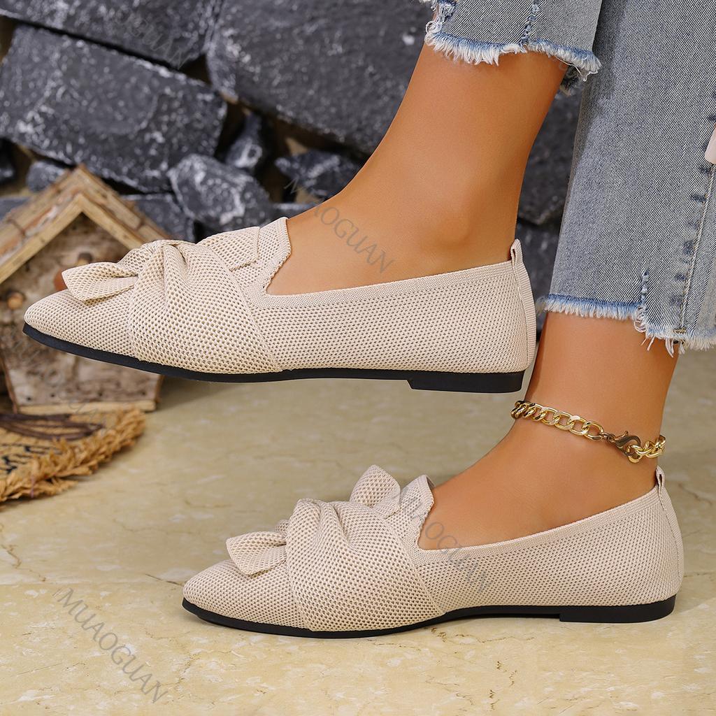 Fashion 2025 Spring and Autumn Pointed Head Flat Single Shoes 2025 New Large Size Knitted Slip Breathable Solid Color Shoes Casual Flats