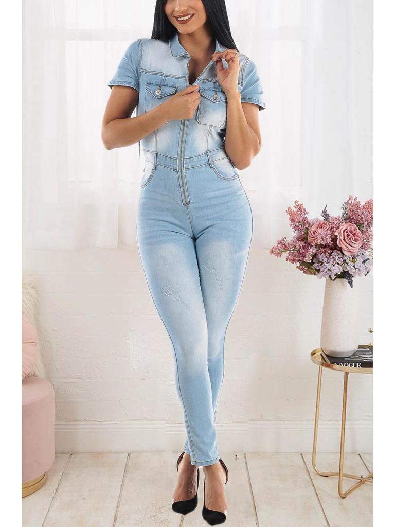 European American Slim-Fit Casual Waist-Cinching Jumpsuit Jeans Skinny Pants