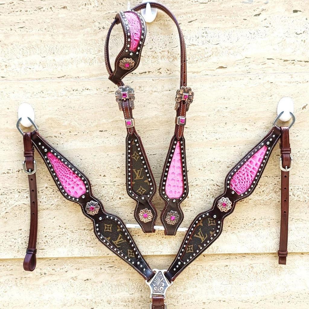 WILDRACE Premium Horse Show Saddle Tack Western Leather Headstall Breast Collar (Two Sets)