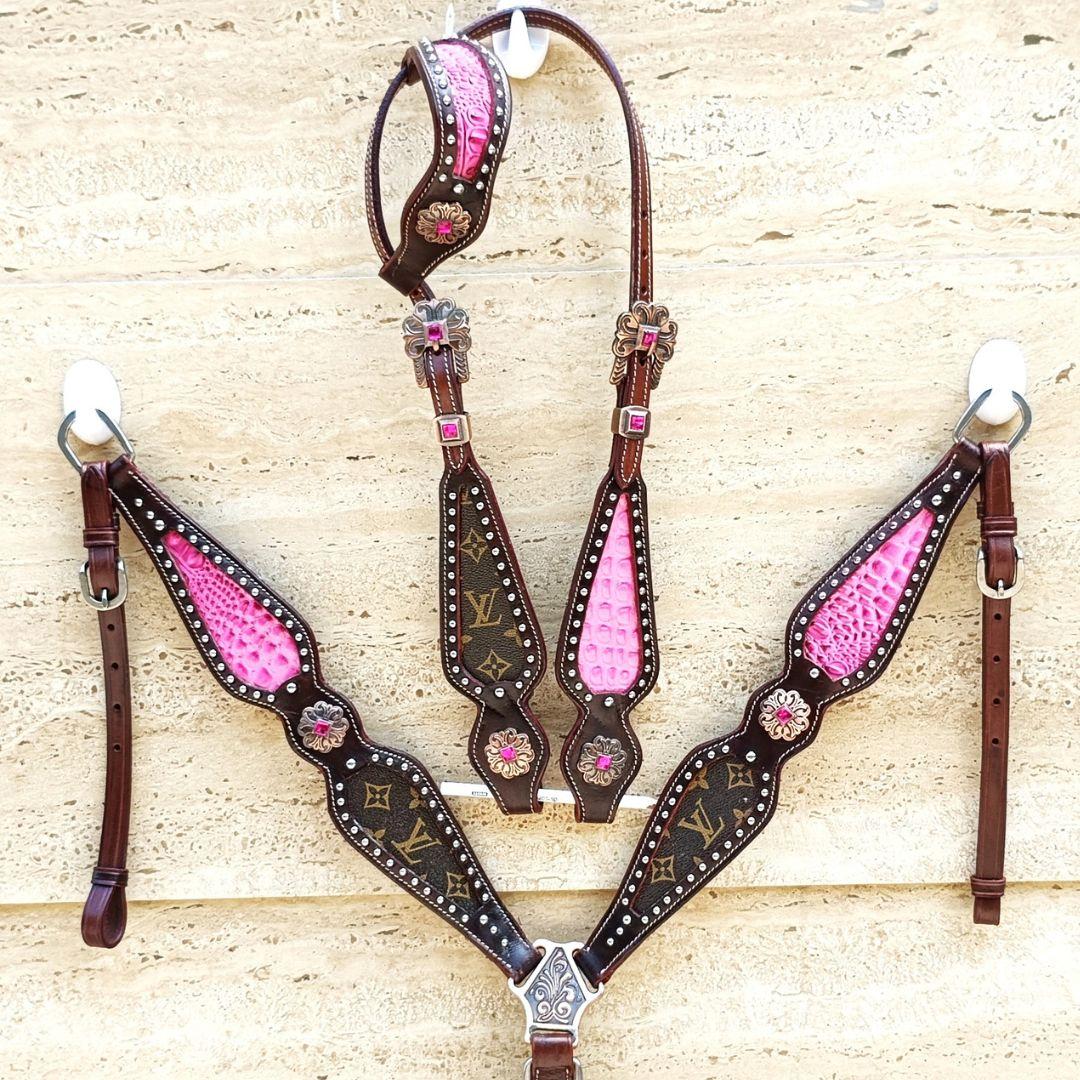 

Преміальна сідлова упряж для кінних змагань Західна Шкіряна Вуздечка Нагрудник M рожевий/коричневий