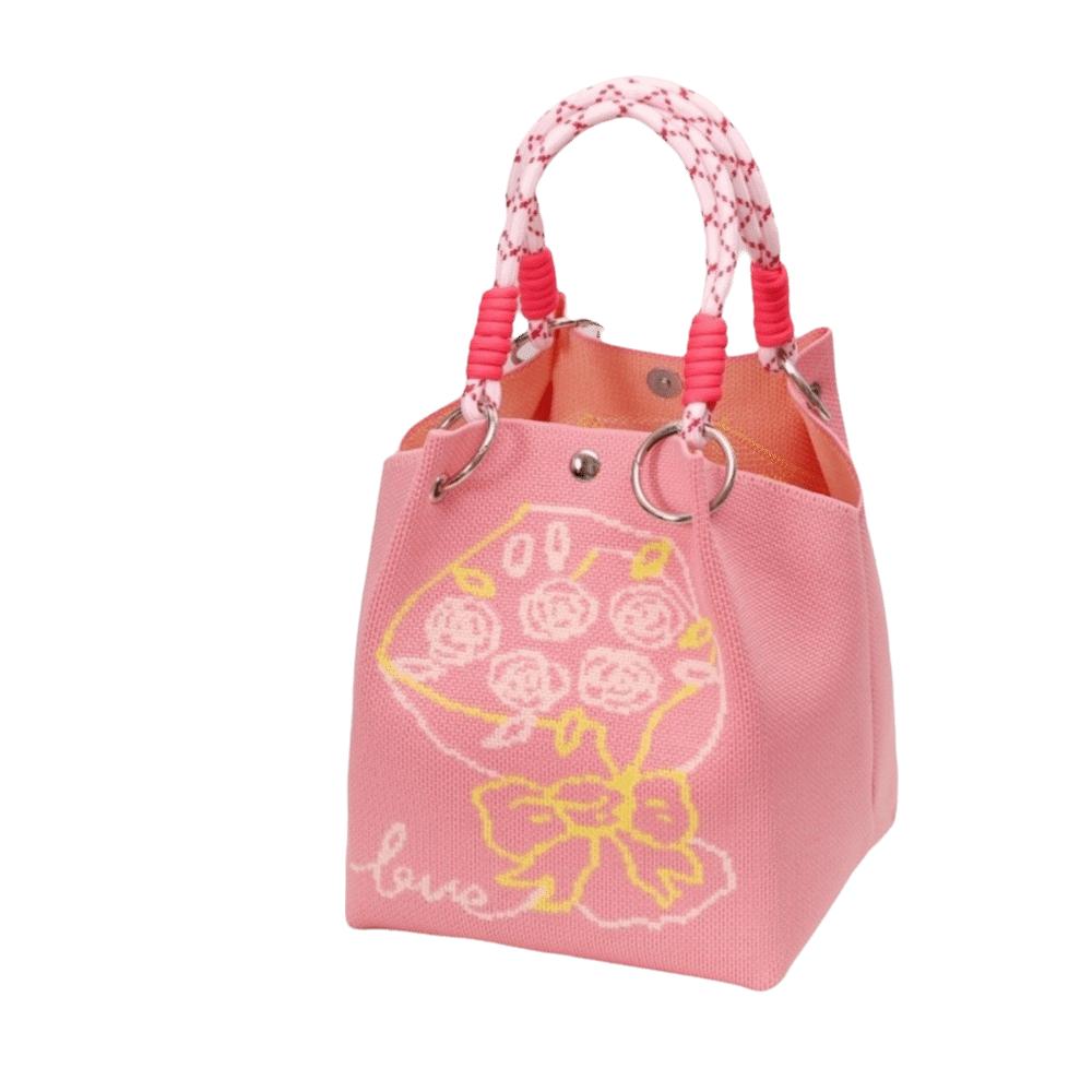 Portable Cartoon Knitted Bucket Bag Handmade Large Capacity Wrist Bag Woven Ring Buckle Handbag for Women Girls