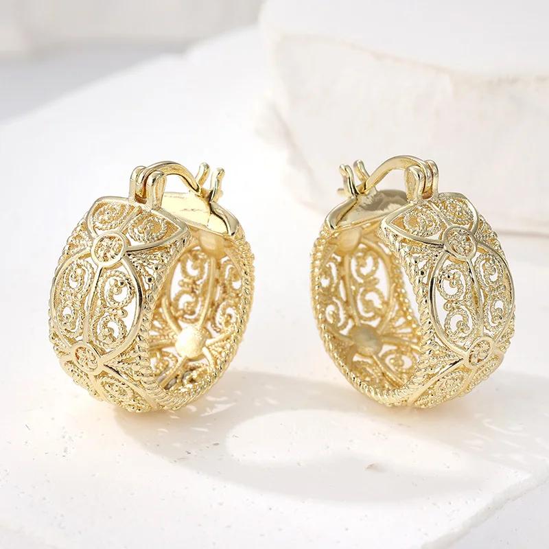 Vintage Exquisite Hollow Hand Carved Golden Plated Round Hoop Earrings Women's Wedding Banquet Jewelry Accessories Gifts