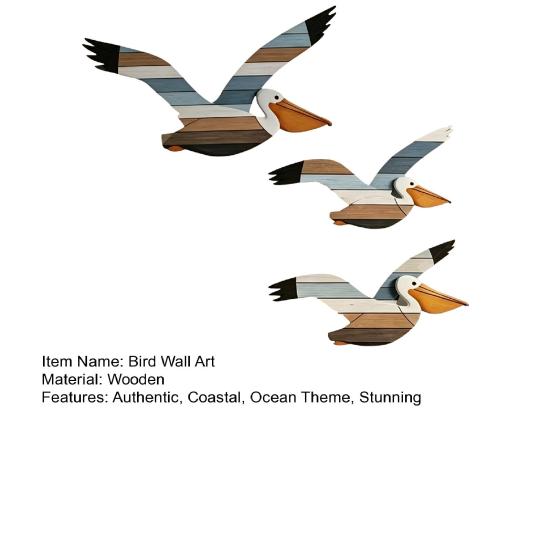3 Pcs Pelican Wall Art Wooden Flying Bird Wall Hanging Decor Nautical Rustic Beach Wall Sculpture for Living Room Bedroom