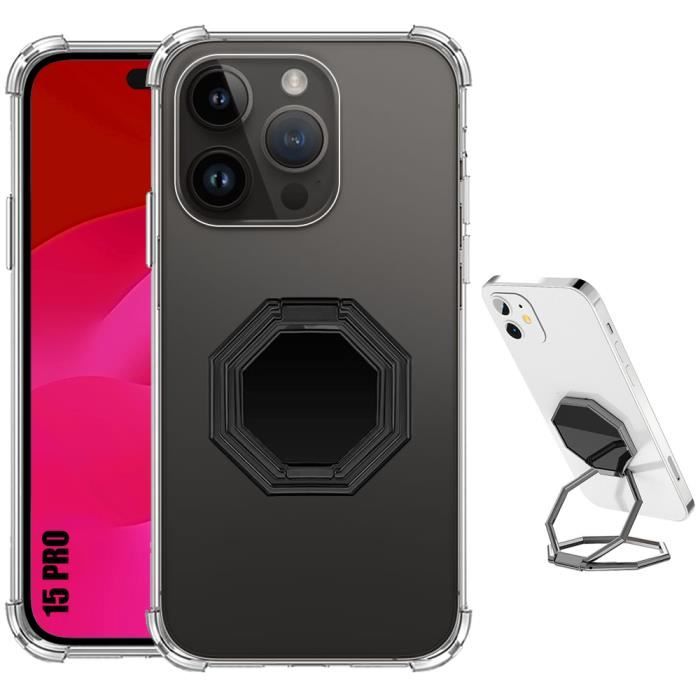 Coque de protection - BOOLING - pour iPhone 15 Pro - Silicone - Transparent - Support rotatif intégré