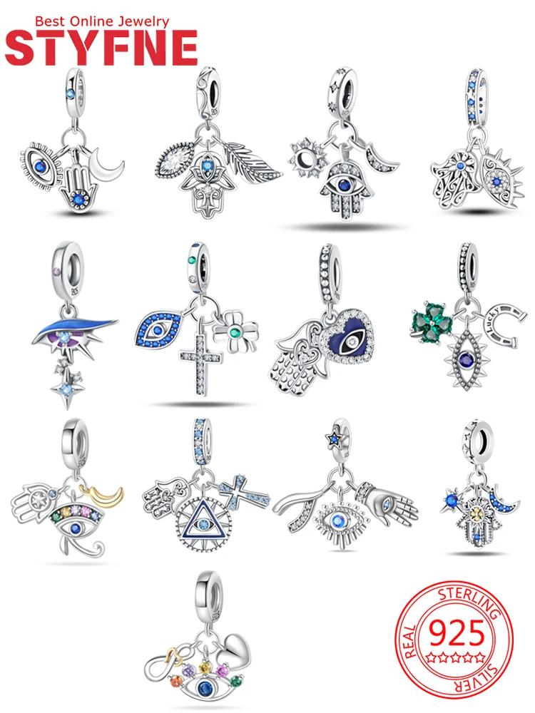 Charm Bead Components Shiny Zircon Blue Devil's Eye and Fatisha's Hand Bead Components Copper Metal Pendant Bead Component Compatible With Do It