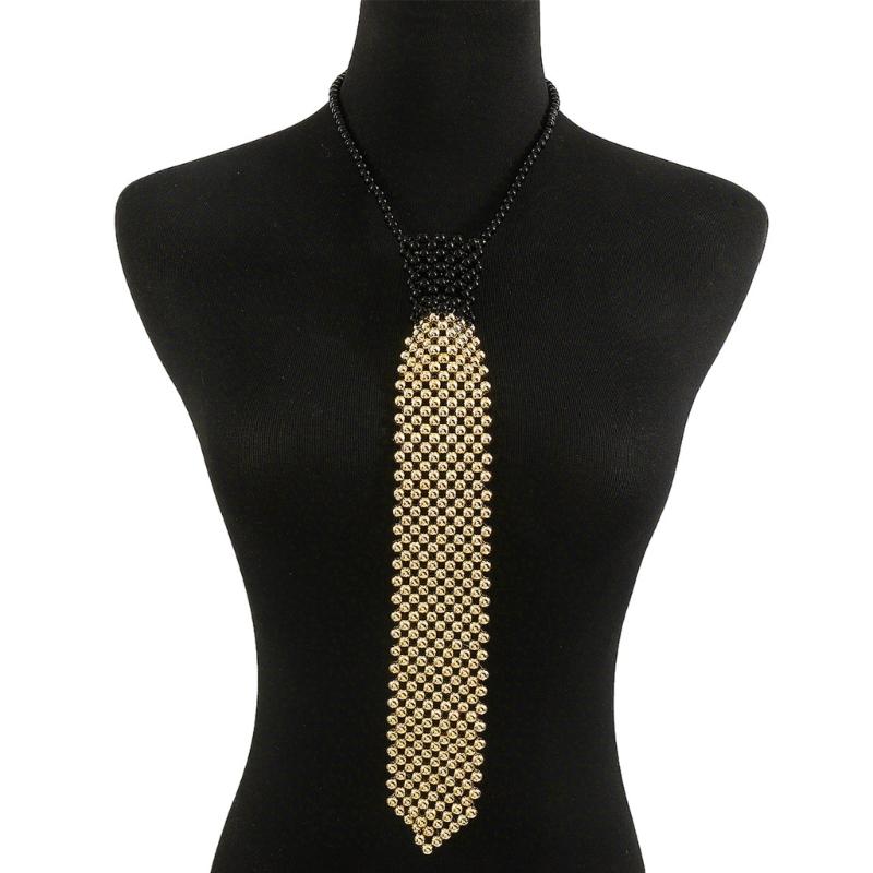 Elegant Tie Necklace with Sparkling Pearls for Formal Occasion Uniform Tie Punk Jeweled Necktie