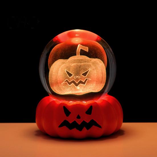 Festive LED Pumpkin Decoration Halloween Crystal Ball Night Light for Kids 3D Charming Decor Lighting with Resin Base Globes Lamp Indoor Bedroom Home