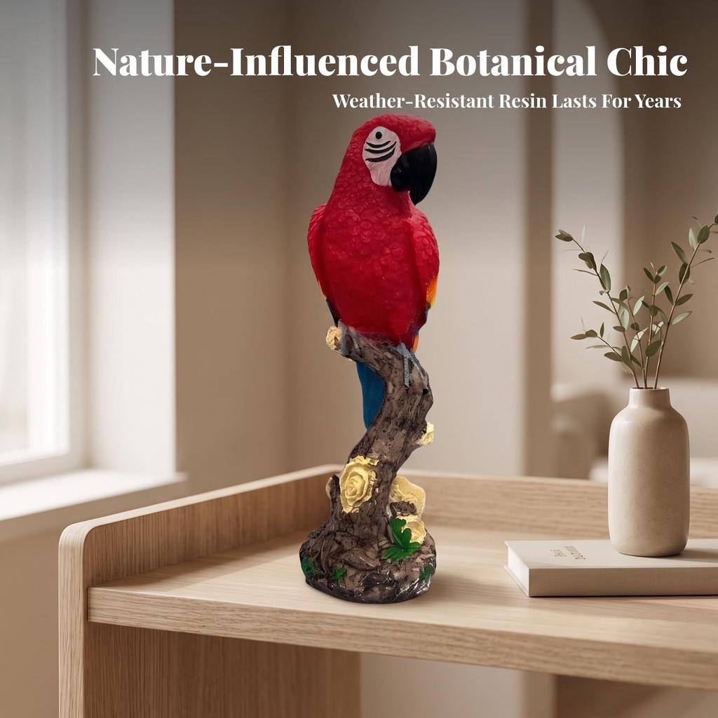 Parrot Figurine with Tree Trunk Base Vibrant Carved for Garden