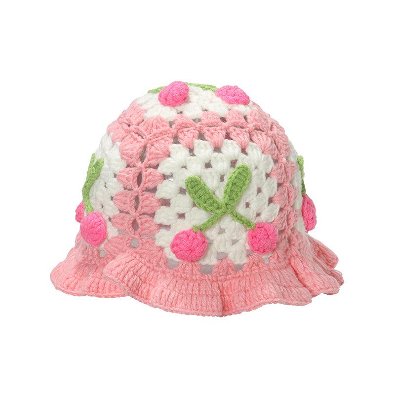 Style Versatile Hat Sweet Cherry Hollow Womens Knitted Fishermans Hatscaps