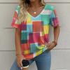 Women's V-neck Short Sleeved 3D T-shirt Checkered Print Summer Clothing Striped Women's T-shirt Street Top