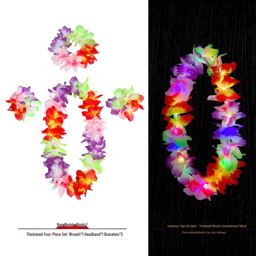 Hawaiian Luminous Flower Garland & Hula Skirt Set - Summer Costume Accessories for Annual Stage Events