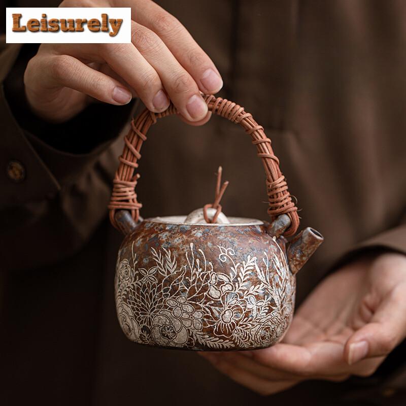 230ml Retro Old Rock Mud Vine Weaving Beam Teapot Flower Gilded Silver Pot Tea Brewing Kettle Ball Filter Kung Fu Teaset Gifts