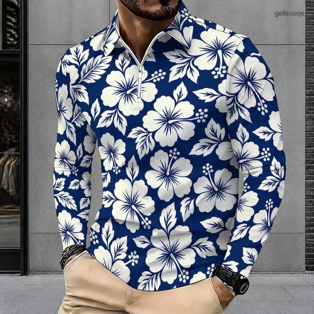 Men s Plus Size Long Sleeve Quarter Zip Collared Polo Shirt Striped Palm Tree Print Beige Navy Blue