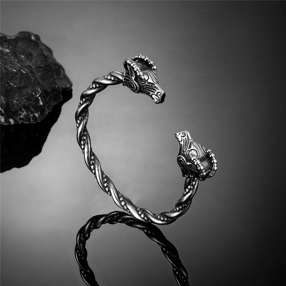 Nordische Dämon Ziege Drache Wolf Armreifen Herren Wikinger Runen Vintage Edelstahl Armreifen Amulett Armband Isländischer Schmuck