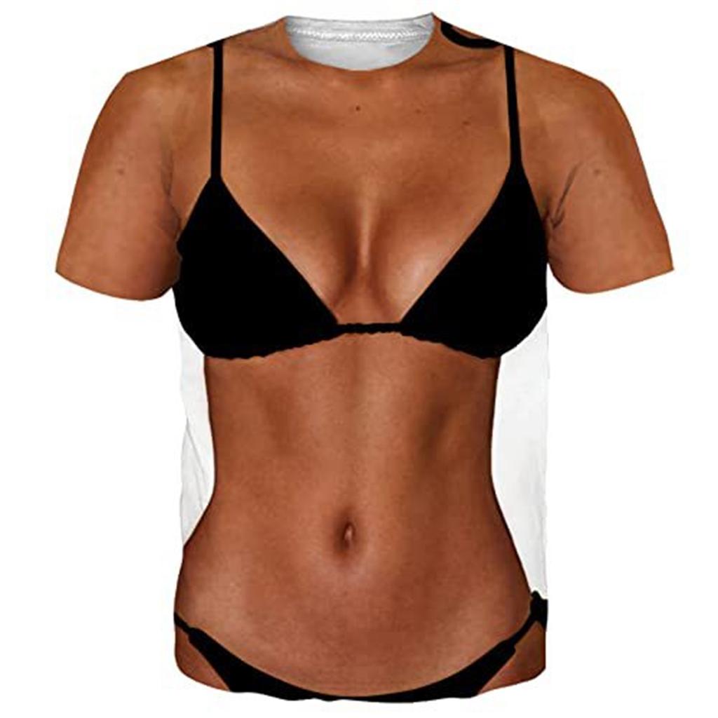 Men's Funny 3D Printed T-Shirt with Muscle Chest Hair and Six Pack Abs Novelty Tee