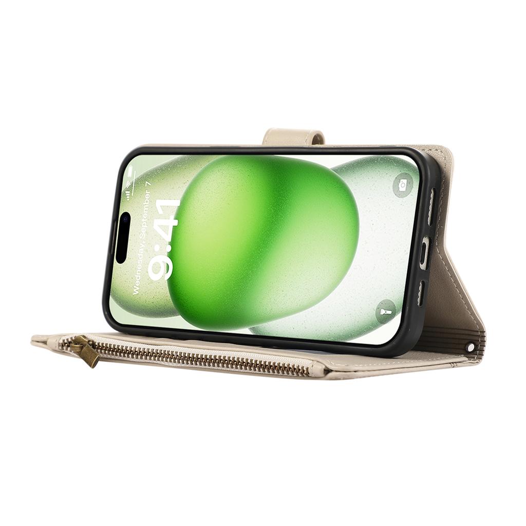 For iPhone 16 Case Multi Card Slots Zipper Leather Phone Cover with Wrist Strap