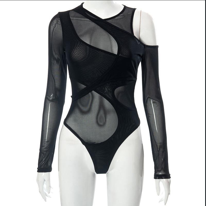High Street Sexy Transparent Slim Bodysuits Women Skinny Fashion Patchwork Basic One Piece Elegant Bodysuits Solid Party Clothes