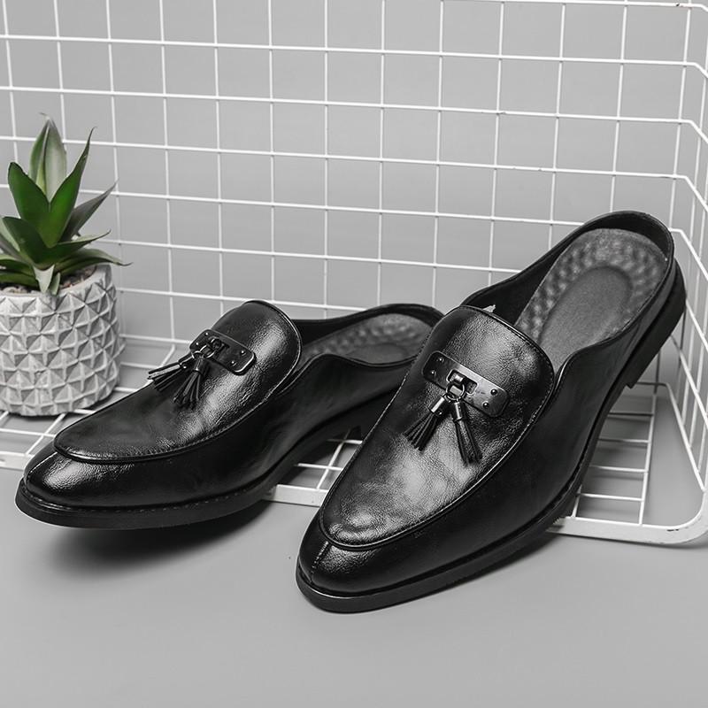 Luxury Designer New Men Black Tassels Half Slippers Shoes Casual Pu Leather Mules Moccasins Breathable Loafers Zapatos Hombre