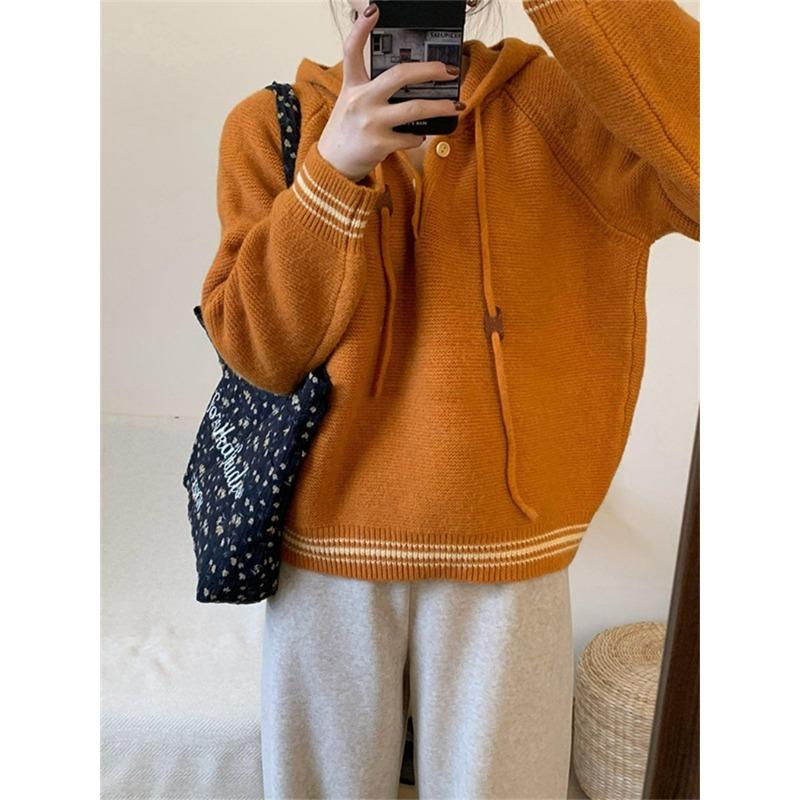 Autumn and winter new casual simple hooded knitted sweater top women's loose lazy simple pullover sweater