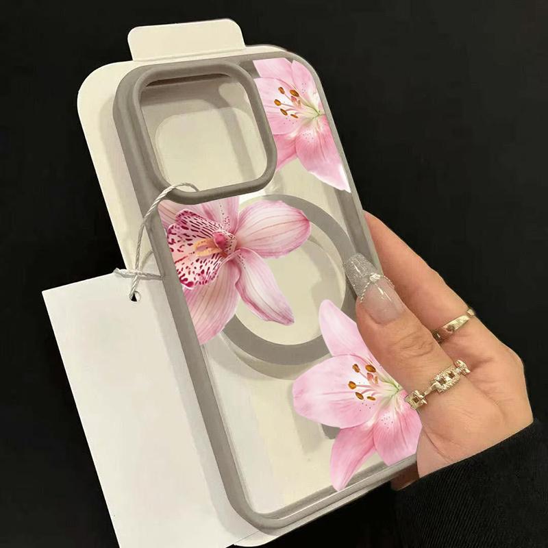 

Pink Floral Lily Orchid Pattern-Pastel Magnetic Phone Case For iPhone 17 16 15 14 13 12 11 Pro Max 16 Plus 16E 17 Air Cover iPhone 16 Pro Max серый