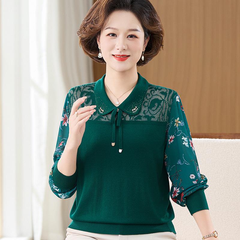 

2026 Spring Knit Base Layer Shirt for Middle-Aged Women with Gauze Sleeves 5XL (recommended for 150-165 jin) темно-зеленого