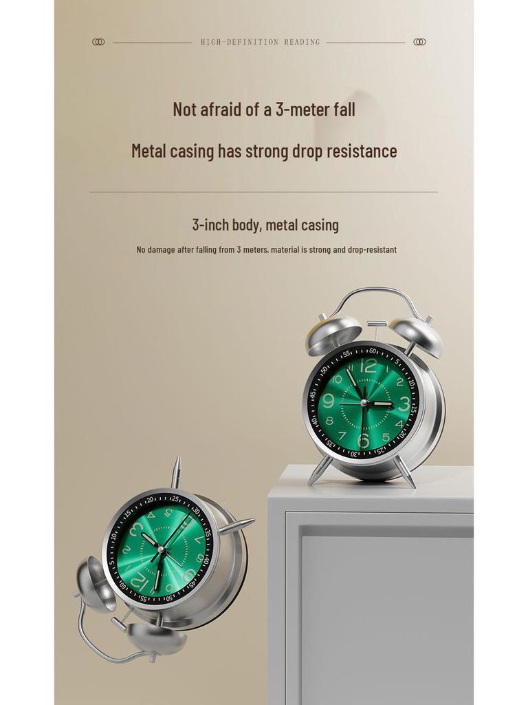 Rechargeable Metal Bell Alarm Clock with Night Light - Super Loud Wake-Up Device for Bedsides, Ideal for Students and Elderly Rooms.