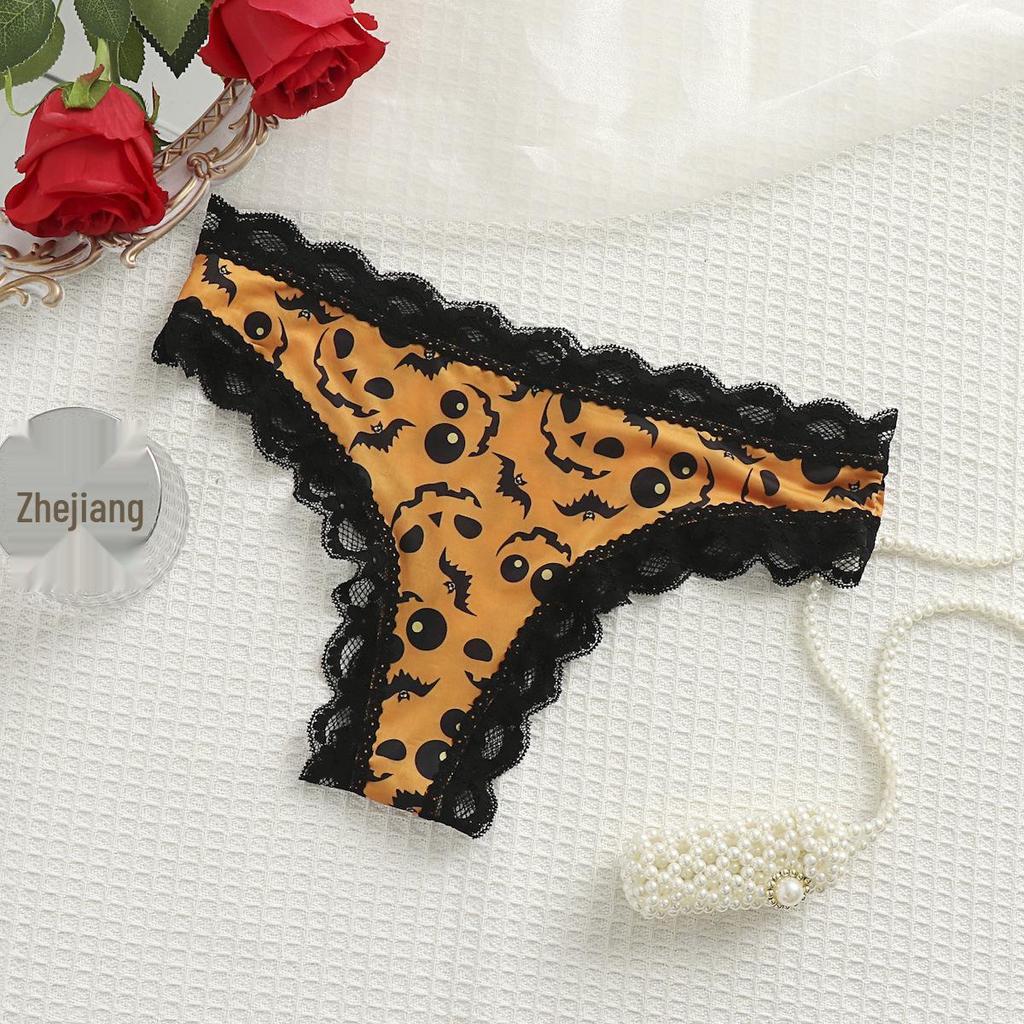 Lace Patchwork Seamless Halloween & Christmas Print Ice Silk Thong 367