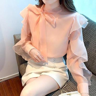 Frühlings-Volants für Damen, Chiffon-Hemd, Schleife, formelle Rüschen, Hemden für Damen