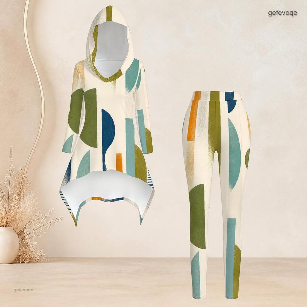 Women Plus Size Geometric Printed Hooded Long Sleeve High Low Top Fitted Pants Set