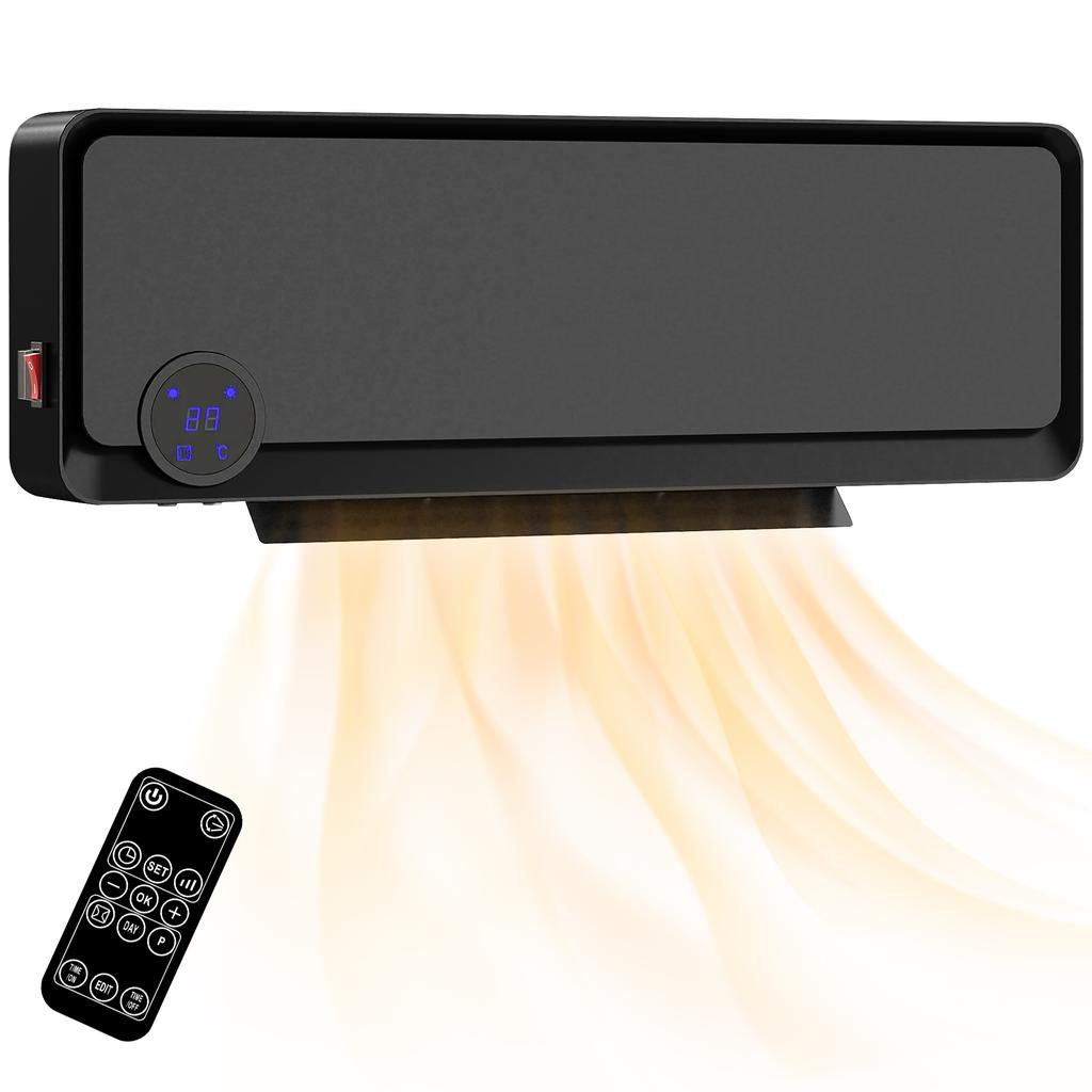 Electric Wall Heater 1000W/2000W Stove with LED Display IPX2 and Remote Control 56x11.7x18.5 Cm Black