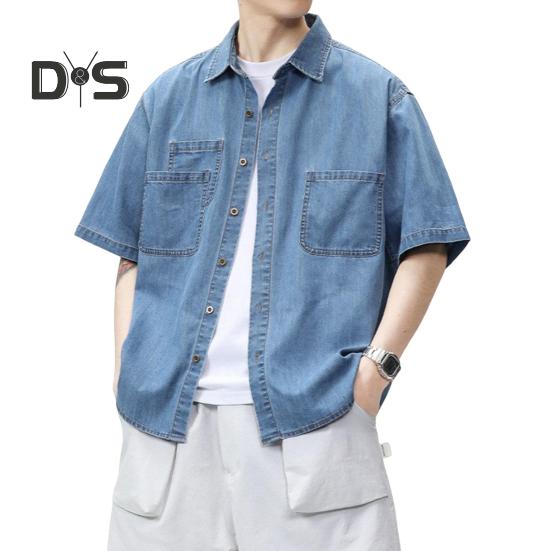 Pánská bavlněná košile s krátkým rukávem Letní zapínací košile s klopou Džínové košile s kapsami Ležérní plážové oblečení Top