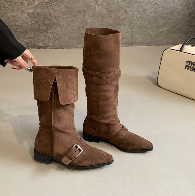 Retro Cow Flip Leather Belt Buckle Thick Heel Western Cowboy Boots Two Wear Lapel High Knight Boots Brown Boots Women