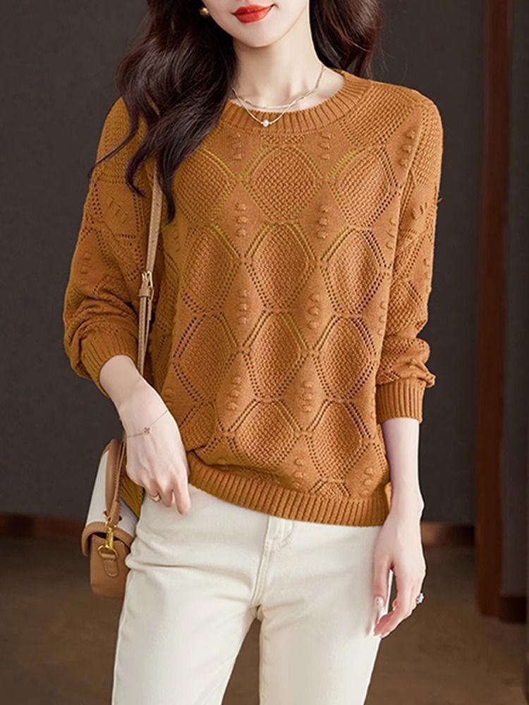 Camiseta Base Fina de Primavera Top Camiseta Base de Primavera y Otoño Holgada Primavera Calado Manga Larga Tejido de Punto Mujer