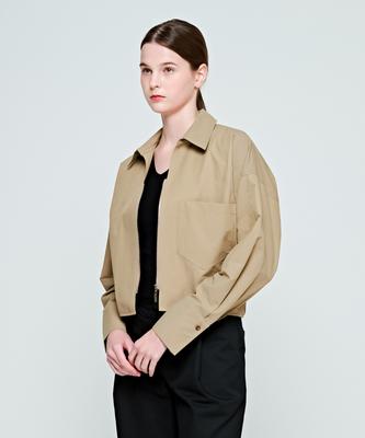 DEPASION Crop Long Sleeve Oversized Zipper Collar Shirt Jacket (Beige)