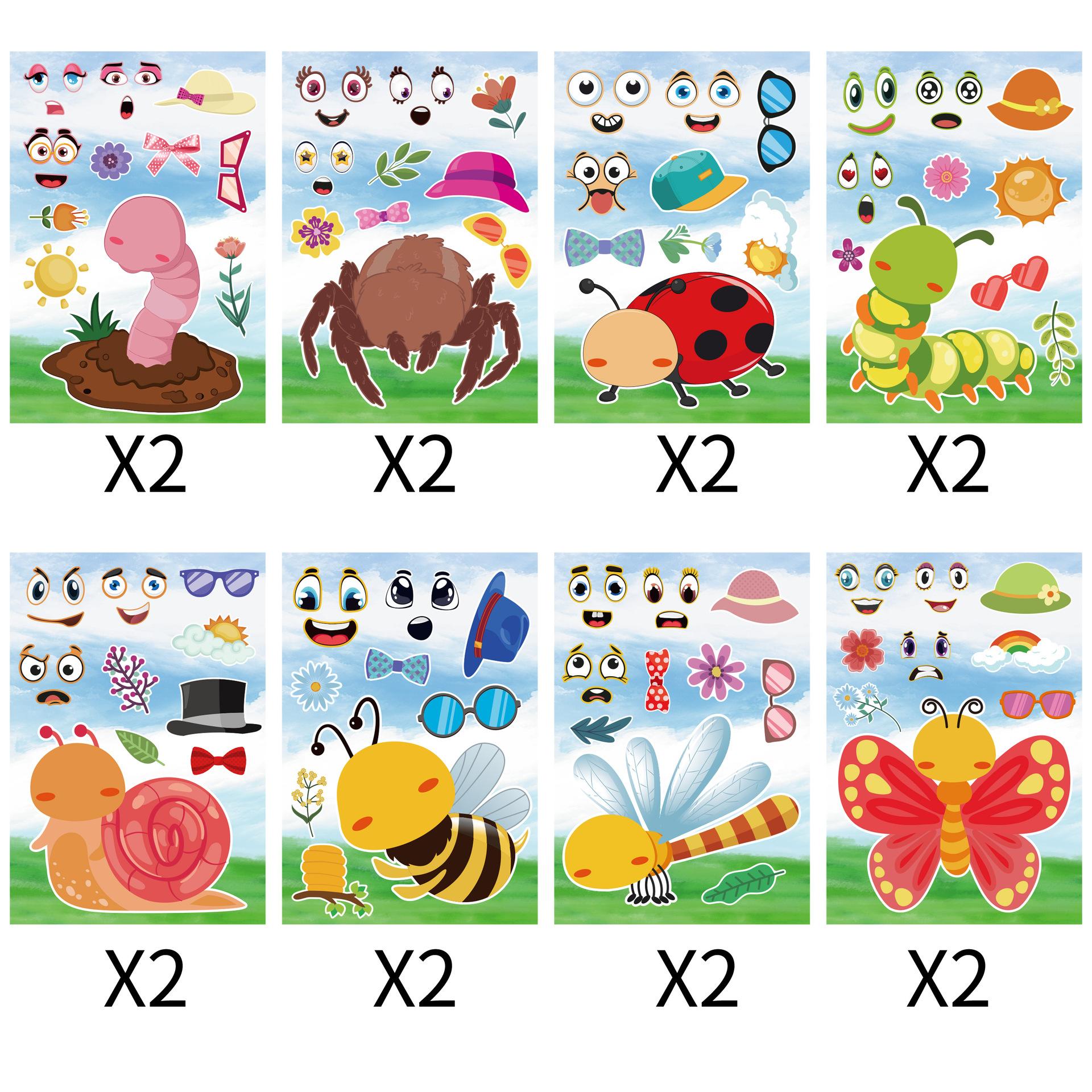 

Весняна Комаха Мультяшна Зміна Обличчя Наклейки Мила Бджола Метелик Зроби Сам для Дитячого Канцелярського Приладдя 11*16cm*16pcs різнокольоровий