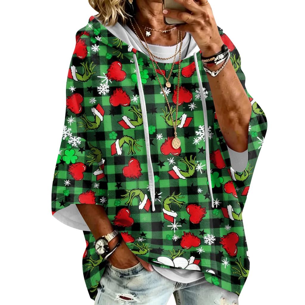 Women's Christmas Print Hooded Loose Fit Sweatshirt
