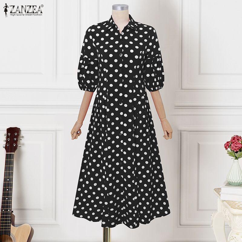 

ZANZEA Винтажное Женское Повседневное Платье С Отворотным Воротником, Свободное, С Коротким Рукавом, В Горошек, Плиссированное S чёрный
