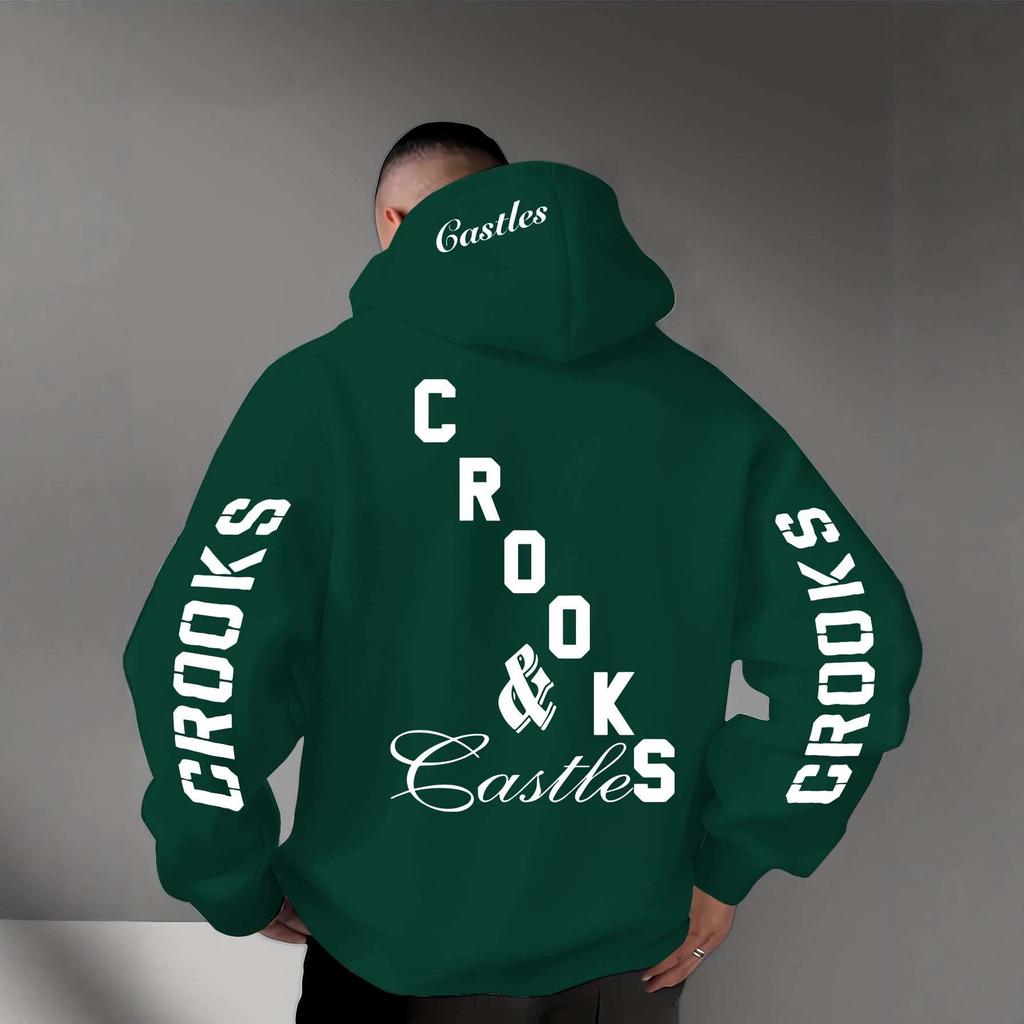 Staggered Letters Back Sleeves Same Print Hooded Sweater Loose Shoulder Men and Women Same High Street