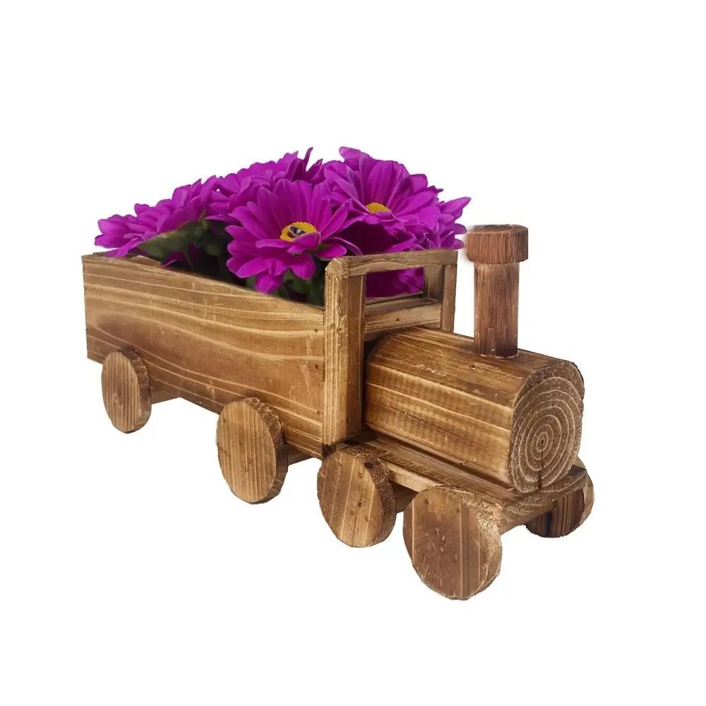 Pastoral Style Wooden Train Flowerpot Vintage Personality Plant Pot Creative Cartoon Flower Vase Living Room