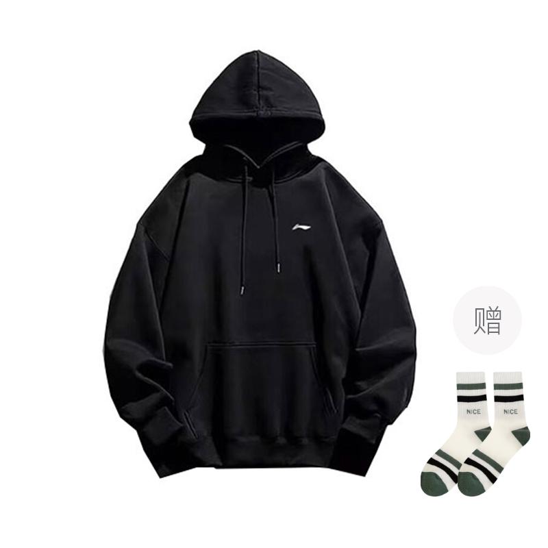 Li Ning Sports Fashion Collection Brand Logo Print Solid Color Casual Loose Fit Pullover Hooded Fleece Lined Sweatshirt YWDT409-1
